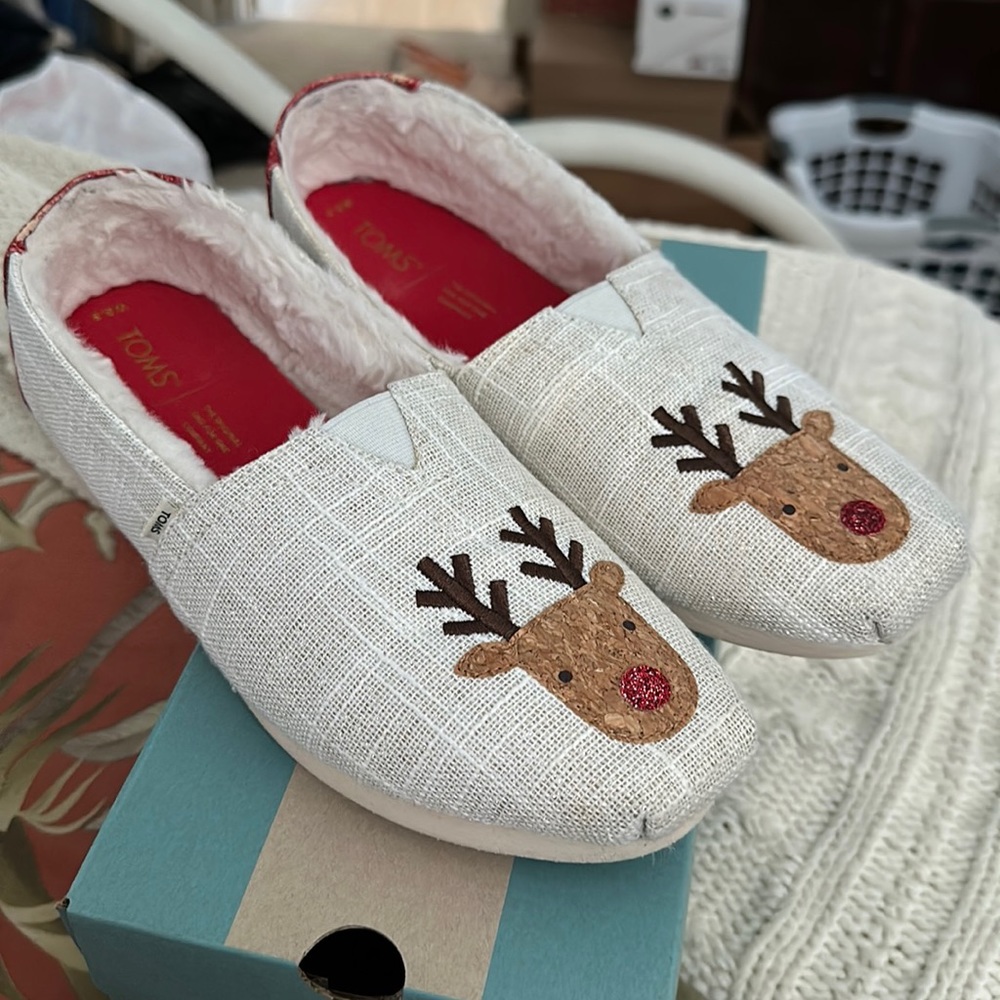 Toms Alpargata White Textured Glitz Embroidered Reindeer sz 9.5
